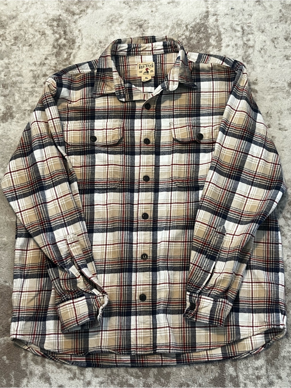 RedHead Brand Co Mens XL Plaid Long Sleeve Heavy Flannel Shirt Beige Navy Red